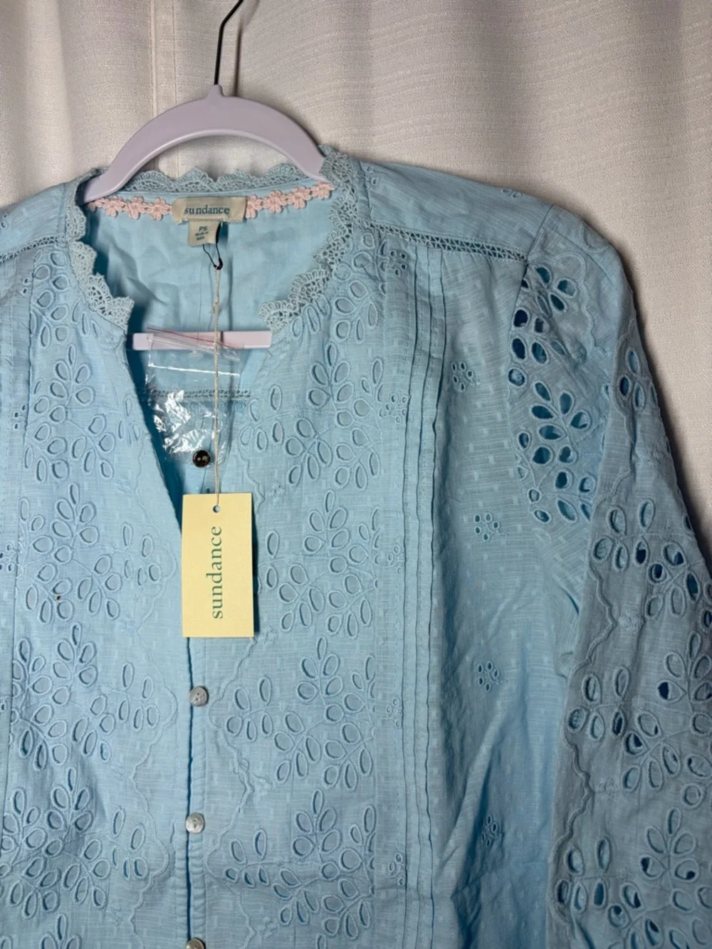 Sundance Valeria Eyelet Floral Aqua Button Up Shirt PS Boho Prairie Cottagecore - Picture 2 of 10